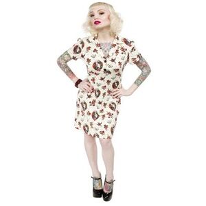 Sourpuss Lost Love Rosie Cream Short Sleeve Pinup Dress w All Over Retro Pattern
